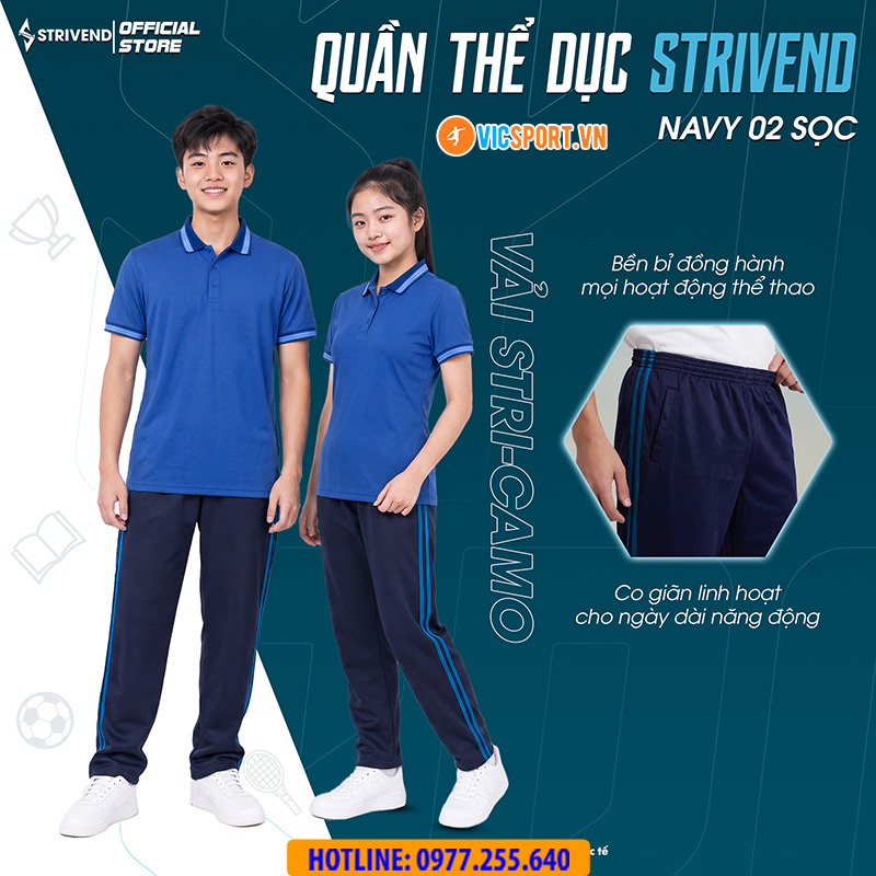 Quần dài thể dục Strivend màu xanh đen 2 sọc - Hình ảnh 7