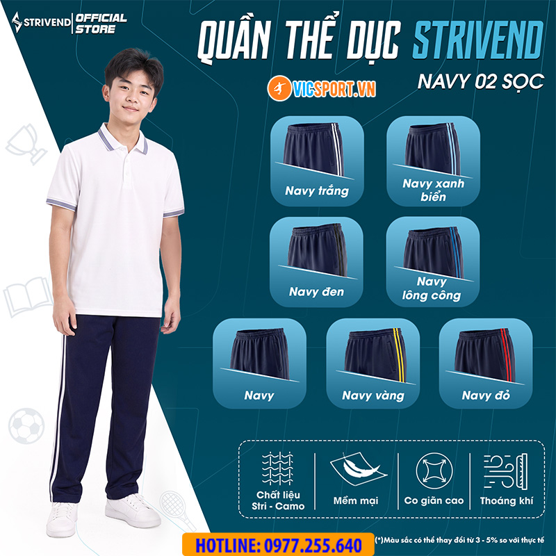 Quần dài thể dục Strivend màu xanh đen 2 sọc